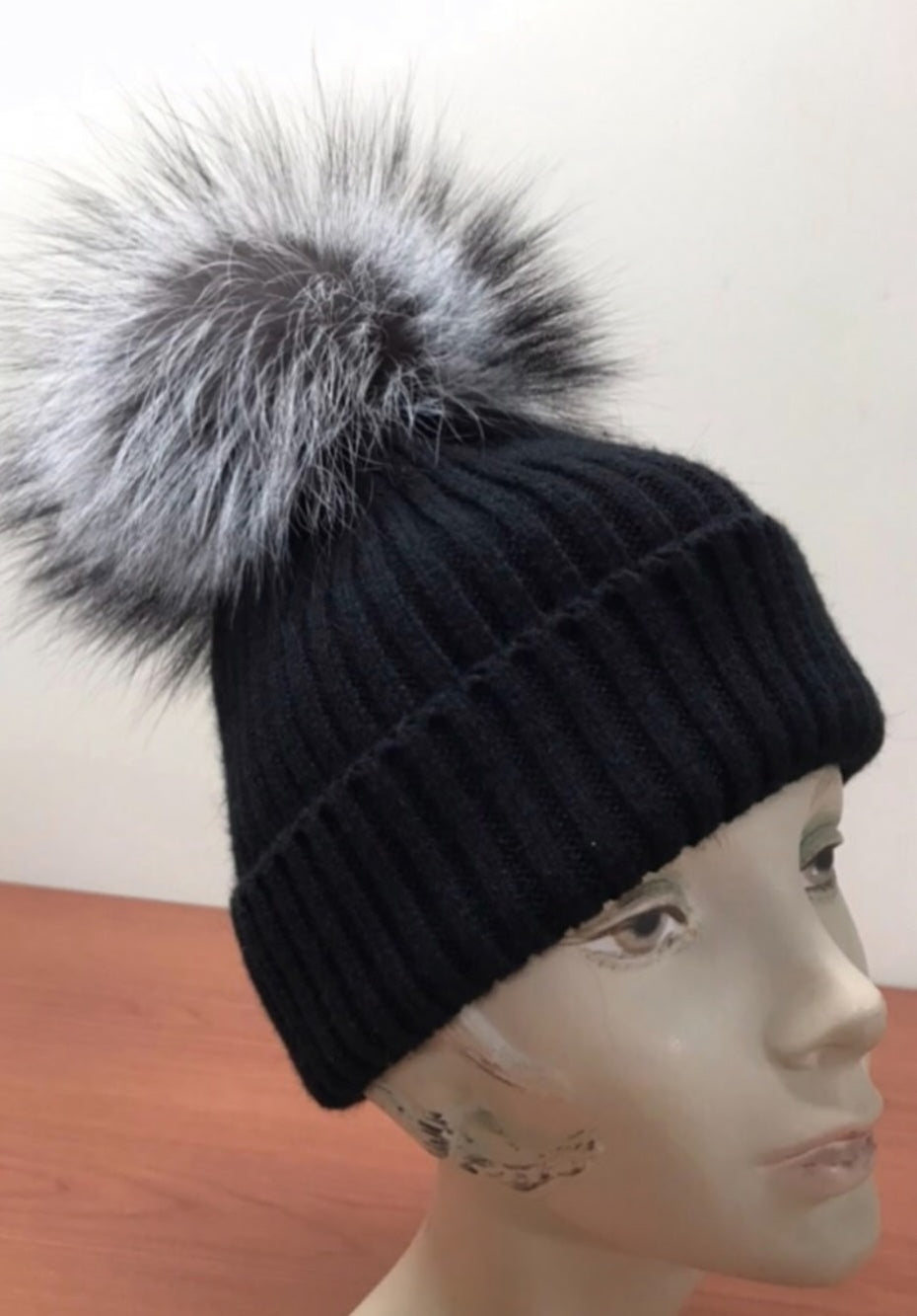 Silver fox fur pom pom hat